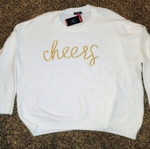 NWT Christmas Sweater Vince Camuto Size XL White with Gold Cheers Embroidery